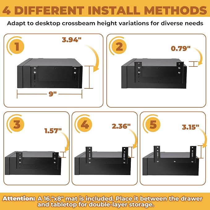 POPMOON 16.6 inch Under Desk Drawer, Adjustable Pull Out Storage Organizer | Carbon Steel Under Table Drawer with Silent Smooth Slide Rails for Office & Home, Adjustable Height, Each Hold 33 lbs