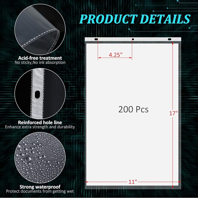 Glenmal 200 Pack Sheet Protectors 11 x 17 Inch 3 Hole Clear Heavy Duty Page Protectors for 3 Ring Binder, Plastic Sleeves for Binders