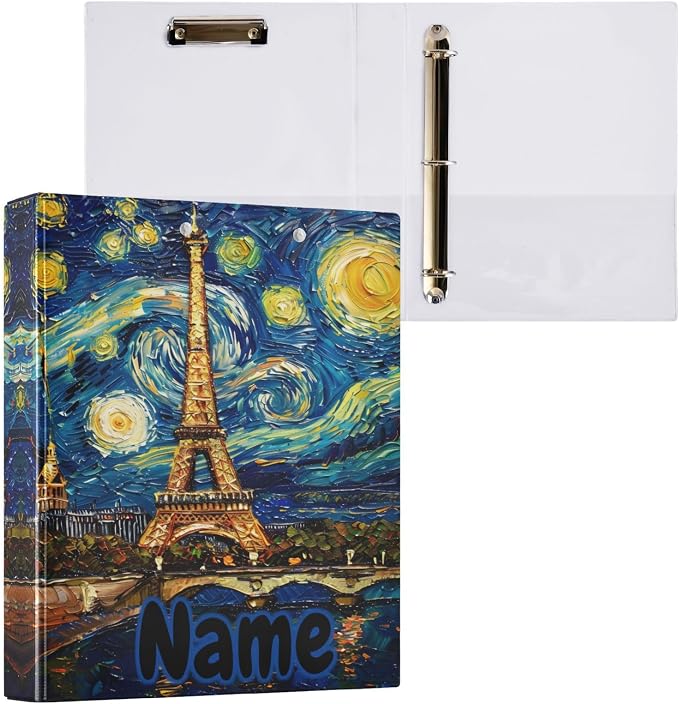 Custom 3 Ring Binder Paris Tower Skyline Night 1.5" Round Ring Binders Personalized Name View Binder with 200 Sheet for Kids School Supplies Women Men Office, 1 Pack