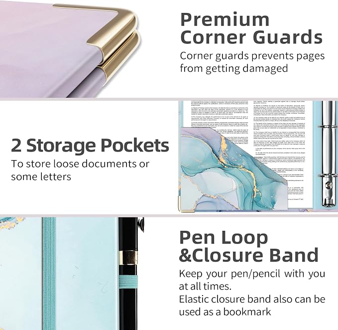 EYROZILL Mini Binder with Clipboard,3 Ring 1 Inch, for 5.5" x 8.5" Paper.A5 Binders with 5-Tab Dividers for School Office Supplies and Home, Green Marble