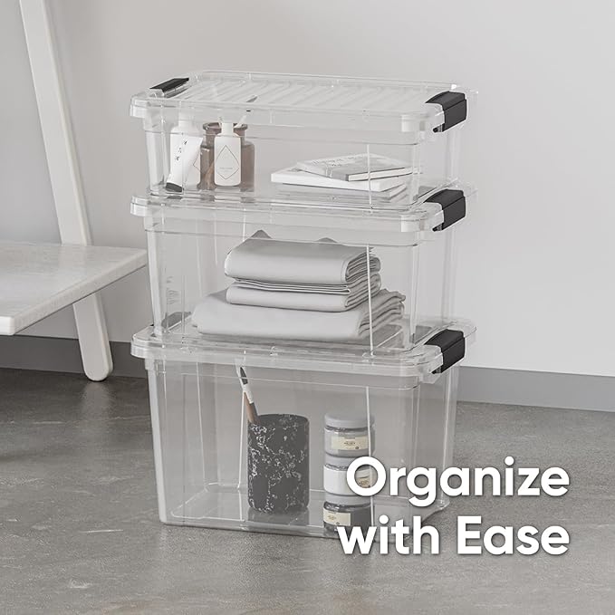 Superio Clear Storage Boxes with Lids, 4.7 Quart Plastic Container Bins for Organizing, Stackable Crates, BPA Free, Non Toxic, Odor Free, Organizers for Home, Office and Dorm, 4 Pack