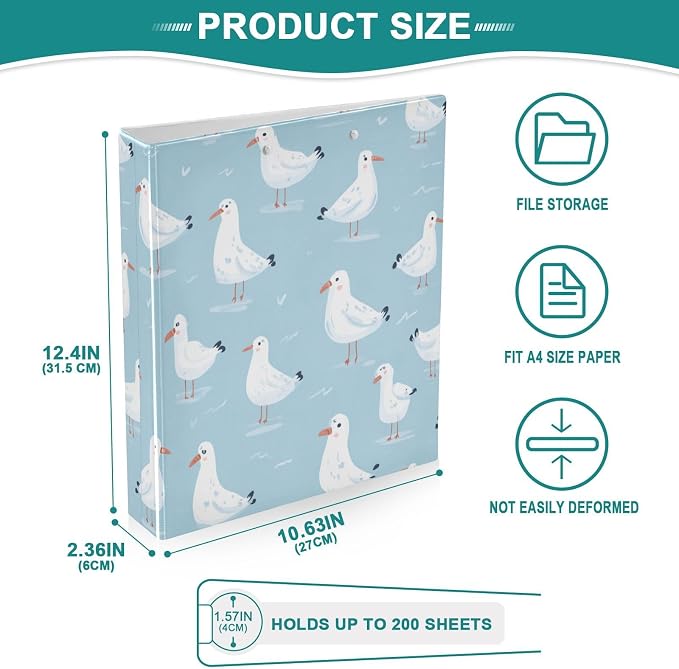 Seagulls Marine Decorative 3 Ring Binder 1.5 Inch Large View Binders with Pockets Holds 200 Sheets File Organizer for Office College School, 1 Pack