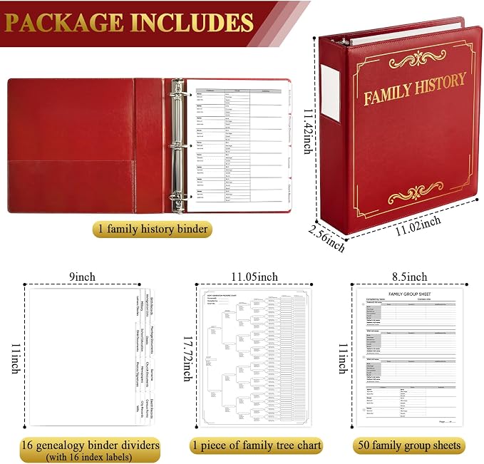 Family History Binder 3 Ring 50 Families Group Sheets 8th Generation Family Tree Chart 16 Sheets Genealogy Binder Burgundy Cover Genealogy Organizer Supplies with Pen Loop Pocket for Families History