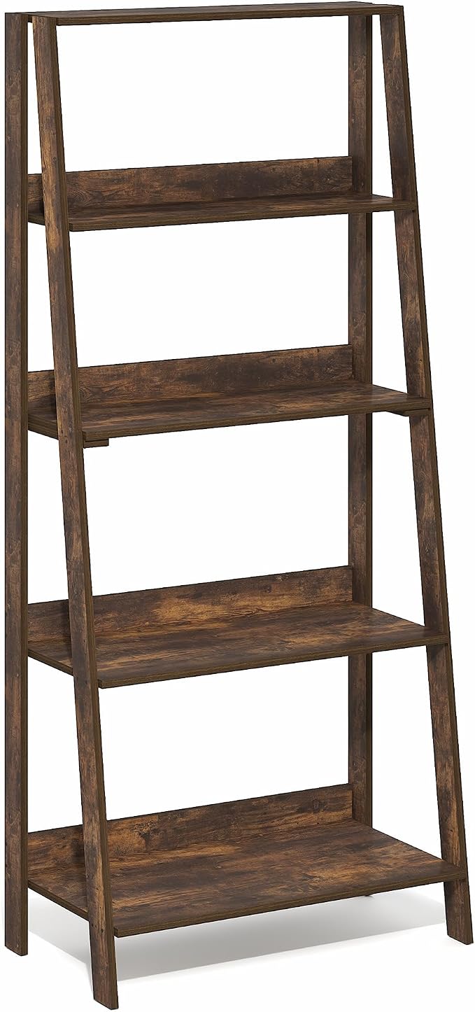 Furinno Ladder 5-Tier Book Shelf, Leaning Standing Shelf, Amber Pine | 13 x 23.6 x 53.5, Open Frame Design Bookshelf, Display Storage Shelves, for Living Room, Home Office