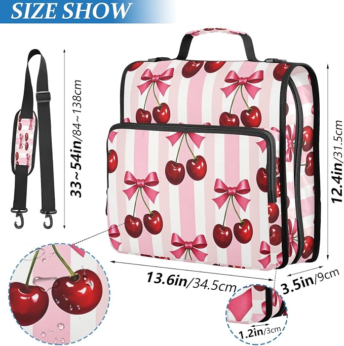 Zipper Binder 3 Ring 1.5 Inch D-Ring Red Cherries Bow File Folder Organizer | Multi-pocket Storage; Expanding Pocket; Secure Travel Document Organizer; Ideal for Commuting, Travel, Office and School