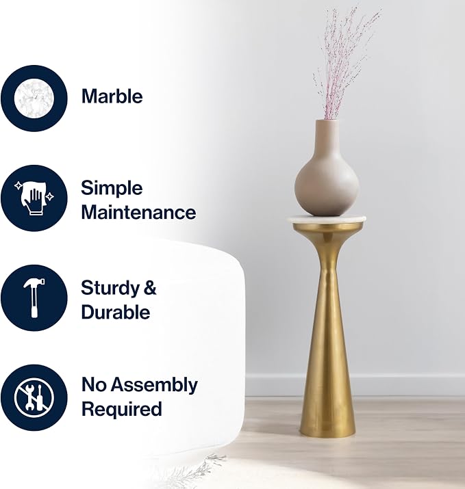 JONATHAN Y Oliver 8" Round Marble Pedestal Drink Table, Gold/White | 22.25" High Modern Martini Cocktail Accent Stand, Small Side Furniture, No Assembly, Mid-Century Glam Style