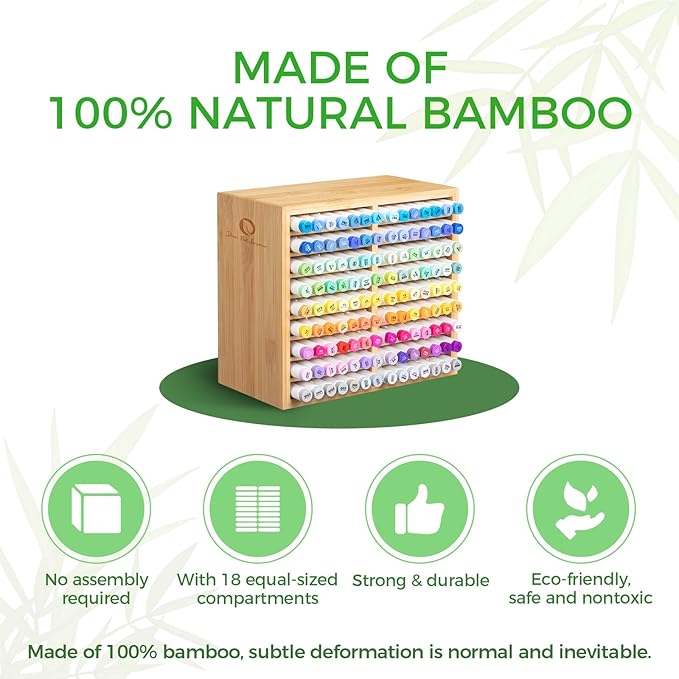 Ohuhu Bamboo Marker Organizer, Wooden Desktop Storage Holds 126 Markers | Markers Pens Pencils Art Brushes Stationary Organizer Pencil Holder with 18 Compartments for Classroom Office Decor Home
