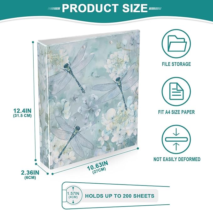 Hydrangea Flower and Dragonfly Binder 3 Ring 1.5 Inch Binder with Clipboard&Pockets, Hardcover Binders Heavy Duty Large File Folder for Office School Supplies - Holds 200 Sheets, 2 PC