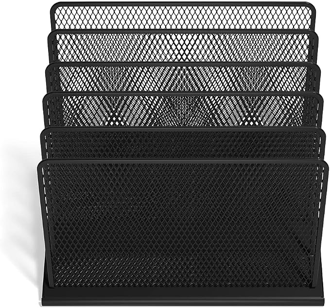 TRU RED Wire Mesh File Organizer, 5‑Compartment, Matte Black, 2‑Pack – Vertical Desktop Sorter for Files, Folders & Mail