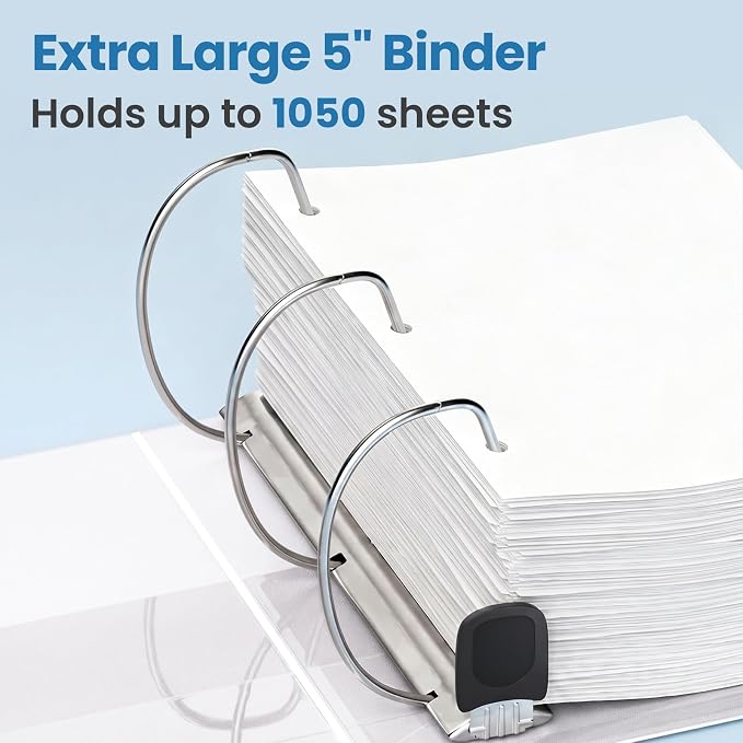 SUNEE 5 Inch Binder 3 Ring Easy Open, 5" Extra Large D Ring Clear View PVC-Free (Fit 8.5x11 Inches) for Office or School Supplies, White, 2 Pack
