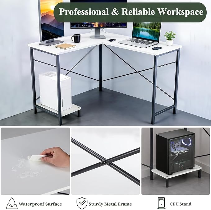 L Shaped Desk Computer Desk, 50inch White Gaming Desk with CPU Stand | Reversible Corner Desk, Sturdy Metal Frame, Student Study Writing Table for Home Office
