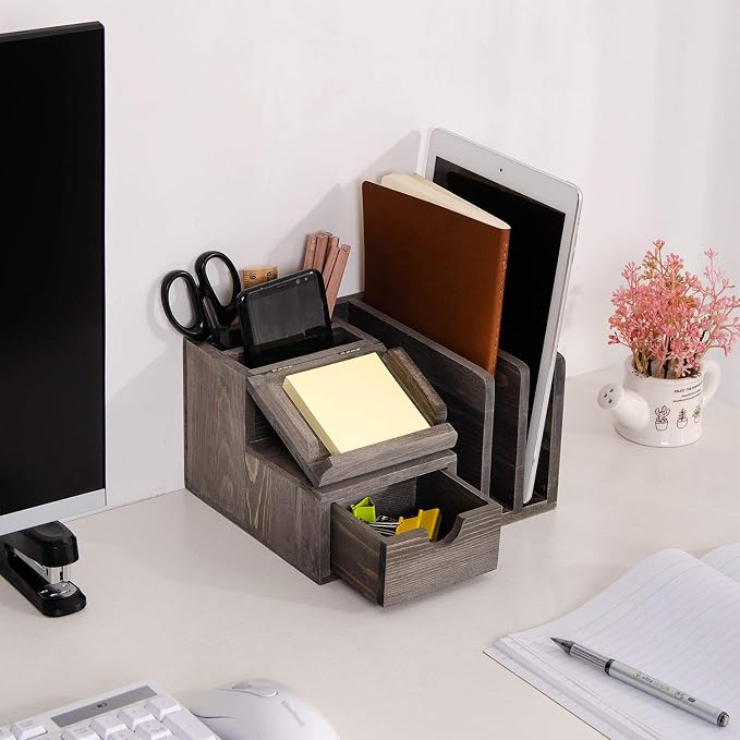 Liry Products Gray Rustic Wood Desk Organizer Storage Cabinet Mail File Paper Sticky Note Memo Pad Folder Office Supplies Caddy Tabletop Holder Accessory Sorter Multiple Compartments with Drawer Home