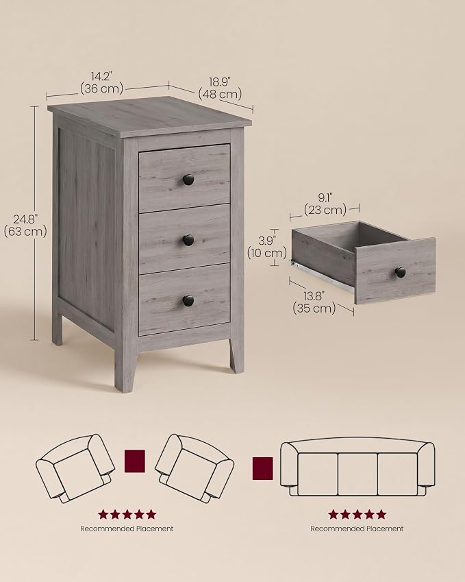 VASAGLE Side End Table with 3 Storage Drawers, Nightstand Farmhouse | Narrow Bedside Table for Living Room, Bedroom, Home Office, Washed Gray, LIRY Collection ULET132G101S