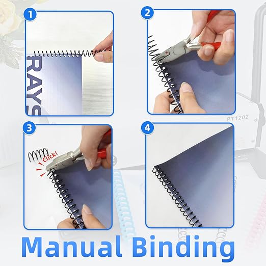 RAYSON PT1202 3:1 Coil and Click Binding Machine, 32-Hole, 12-Sheet Punch | 32 square holes for Letter-size sheets, with 2.5, 3.5, and 4.5 mm margins for 3:1 spiral and click binding