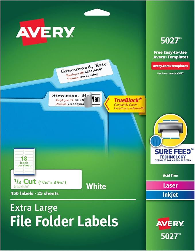 Avery TrueBlock Extra Large File Labels, 15/16" x 3-7/16", White, 5 Packs, 2,250 Printable Labels Total (5027)