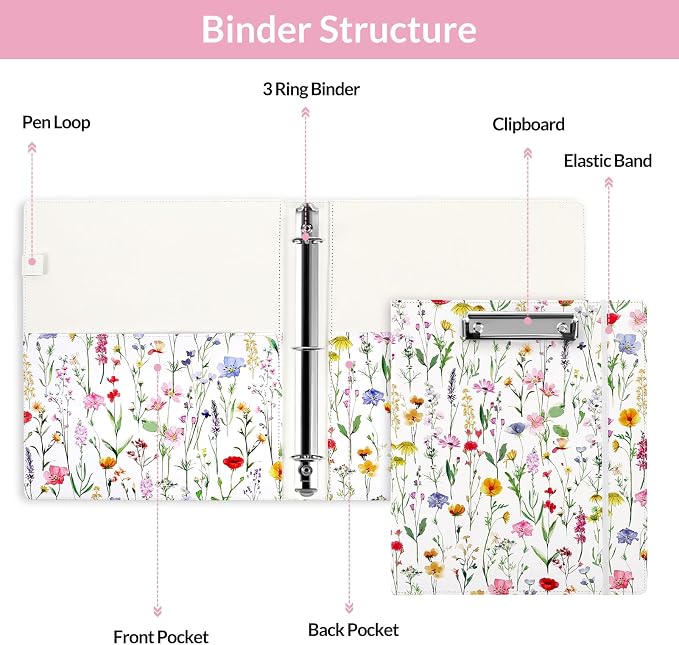 SKYDUE 1 Inch 3-Ring Binder with Clipboard, PU Binder with 5 Dividers, Notepad, Stickers & Pockets for Work and School - Aesthetic Binder (Letter Size)