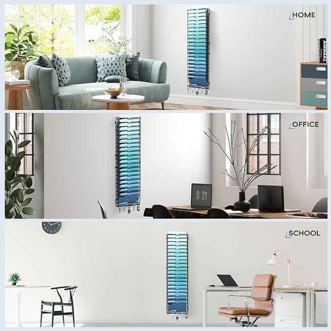 21-Tier Wall File Organizer and Mail Organizer with 5 Hooks, Black | Label slots, curved openings, 5 key hooks, and a bottom tray support organized mail, file, and everyday item storage.