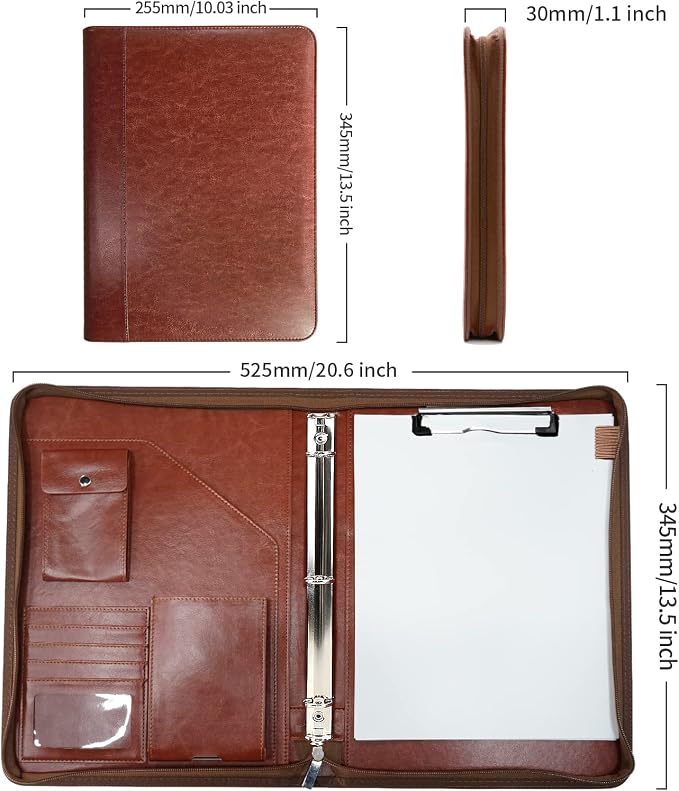 WRIYES Zippered Portfolio Organizer with 3 Ring Binder, Brown | Leather Padfolio, Professional Business Binder, Organizer for IPad/Document, Phone & Business Cards