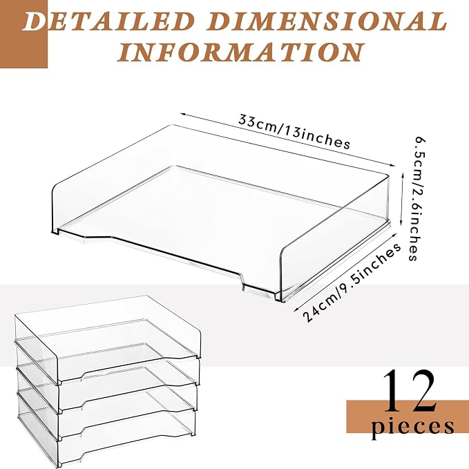 DoubleFill 12 Pcs Stackable Letter Tray Rectangular Plastic Desk Organizer 13 x 9.5 x 2.6 in Paper Holder File Tray Accessories Rack for Desktop Office Desk Drawers (Clear)