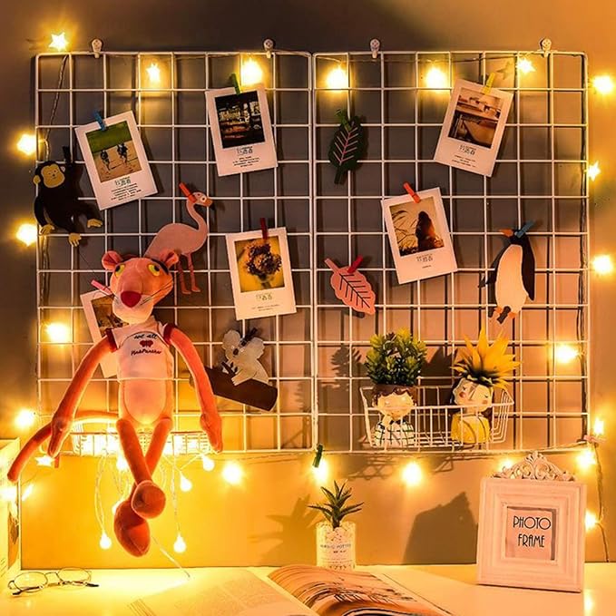2 Pack Large Wall Grid Panels with Light and Clips, Photo Display Board, Picture Frame Collage Board, Wire Grid Wall Panel Room Decoration,White