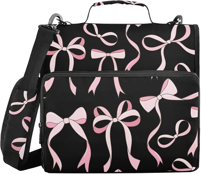 Pink Ribbon Bows Black Zipper Binder with Shoulder Strap Bag 3 Ring Binder Organizer Large Capacity Multiple Compartments for School Office