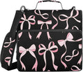 Pink Ribbon Bows Black Zipper Binder with Shoulder Strap Bag 3 Ring Binder Organizer Large Capacity Multiple Compartments for School Office