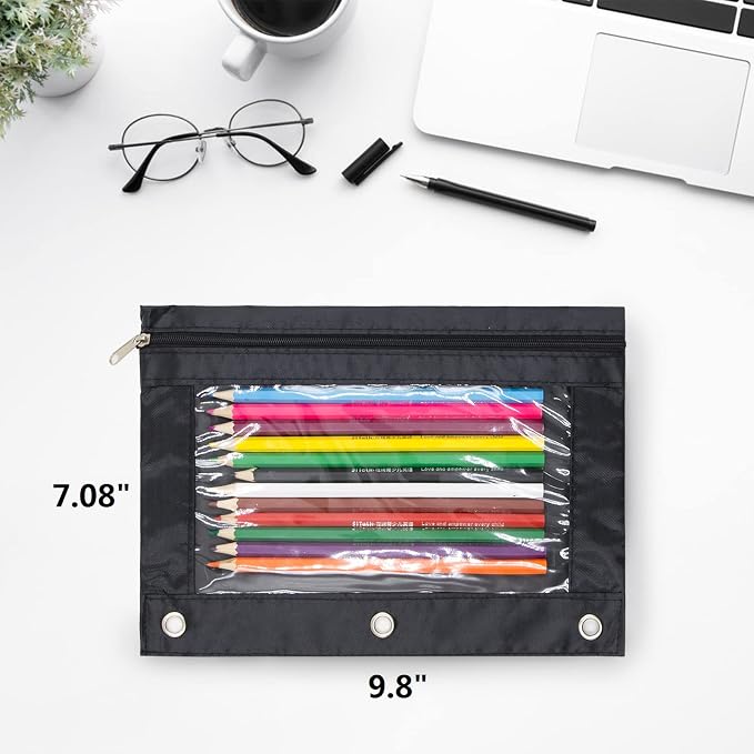 Pencil Pouch for 3 Ring Binder, Large Pencil Case with Clear Window, Metal Zipper Binder Pencil Pouches Fit Standard Binders, Durable Organizer for Office School Supplies Black 5 Pack