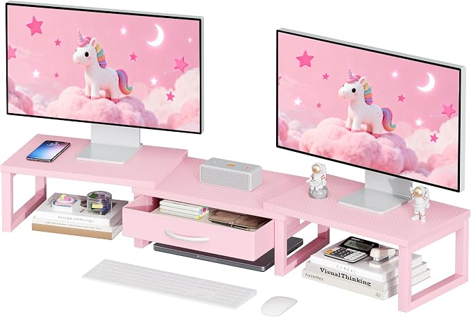 Desk Organizers and Accessories, Dual Monitor Stand Riser with Drawer, Computer Monitor Stand, Adjustable Desk Shelf for PC Laptop Printer TV, Pink