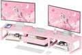 Desk Organizers and Accessories, Dual Monitor Stand Riser with Drawer, Computer Monitor Stand, Adjustable Desk Shelf for PC Laptop Printer TV, Pink