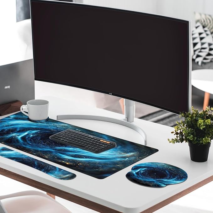 Keyboard Mouse Pad Set, 4 in 1 Desk Mat Set, Blue Black Galaxy | Large Mousepad+Keyboard Wrist Rest+Mouse Wrist Rest+Coaster Ergonomic Design for Home Office Computer