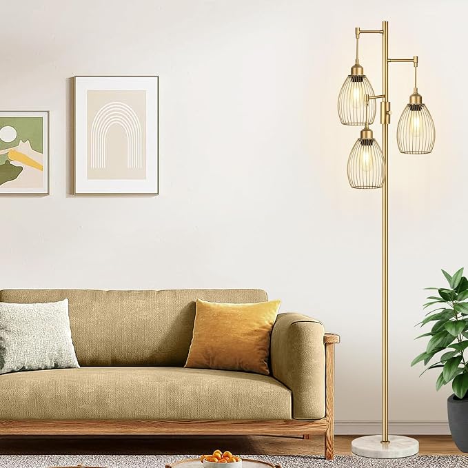 Torondo Dimmable Floor Lamps for Living Room, Industrial Standing Lamp with Marble Base, Gold Tree Tall Pole Light with 3 Elegant Teardrop Cage Head & 800 Lumens LED Bulbs for Bedroom Office