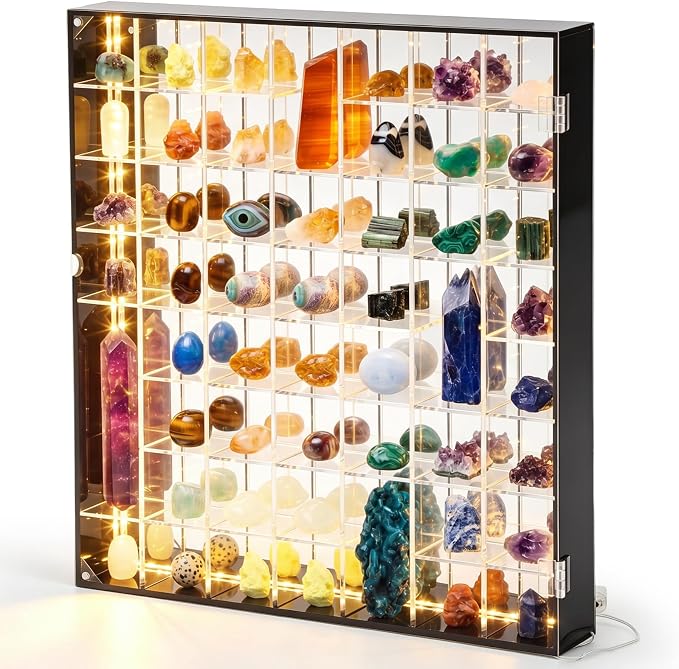 Cinnvoice Rock Display Case 56 Grids,Black Border with LED,Square | Adjustable Acrylic Display Case, Crystal Organizer for Collectible, with Built-in Mirrored, Magnetic Door, Wall Mount