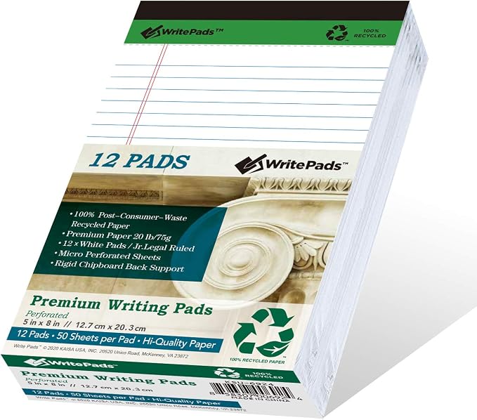 KAISA Small Legal Pads With Rigid Chipboard Back Support Thick Writing Pads Notepads 5"x8" Legal Pad 50sheets/Pad Perforated 20lb Recycled Paper Pads, 12pads,KSU-6924