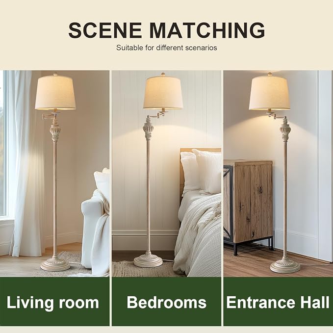 Vintage Floor Lamp with 350° Adjustable Swing Arm 61" Lamps for Living Room | Antique Standing Lamp, Retro White Bedroom Floor Lamp, Mid Century Farmhouse Rustic Traditional Brass Tall Swivel Pole Lamp