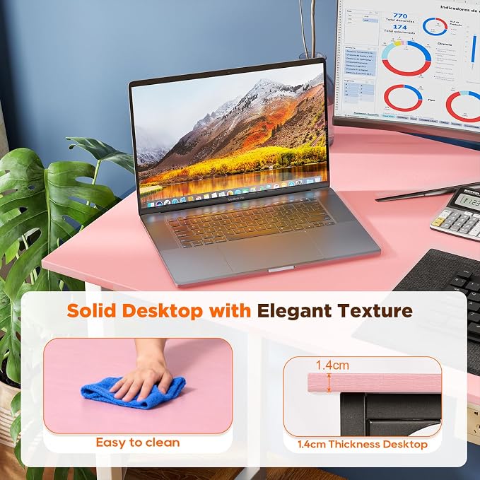 PayLessHere | 63 Inch Computer Desk | Pink | Office Desk with Metal Frame, Adjustable Feet | Water-Resistant, Scratchproof Surface | Sturdy Writing Table for Home Office or Study | Pack of 1