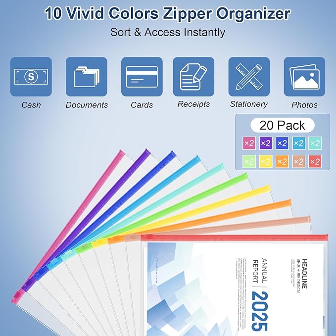 Antner 20PCS Letter Size Binder Pockets for 3 Ring Binder, 10 Assorted Colors Zipper Pouches Waterproof PVC Document Organizer File Folders 3-Hole Loose Leaf Insert Bags Page Sleeves Sheet Protectors