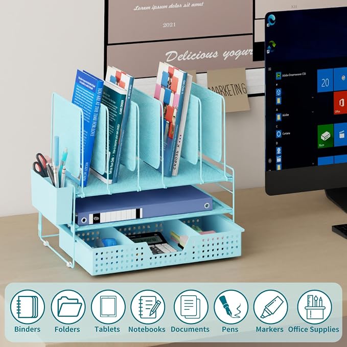LEKETREE Teal Desk Organizer, Office Organization with Vertical File Holder, File Organizer with Drawer and Pen Holder, Desk Accessories and Workspace Organizers for Home Office (Sky Blue)