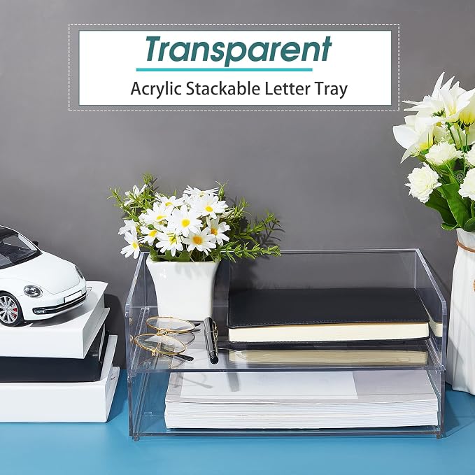 2 Pcs Stackable Acrylic Desk Organizers Paper Tray Storage Tier Accessories Paper File Office Organizer Tray Stackable Document Clear Desk Accessories for Office Workspace Organization