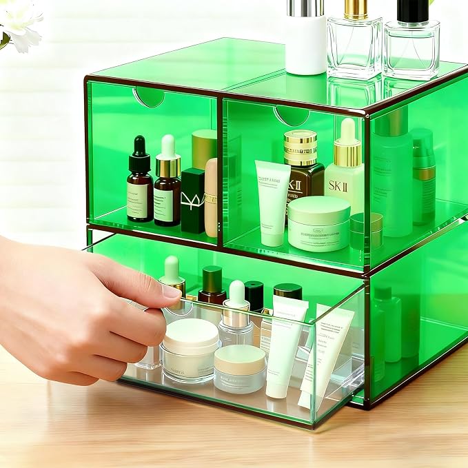 Gelite Desk Organizer with 3 Storage Drawers for Makeup Office Acrylic Desktop Drawer Organizer for Vanity Office Organization and Storage Box, Emerald Green