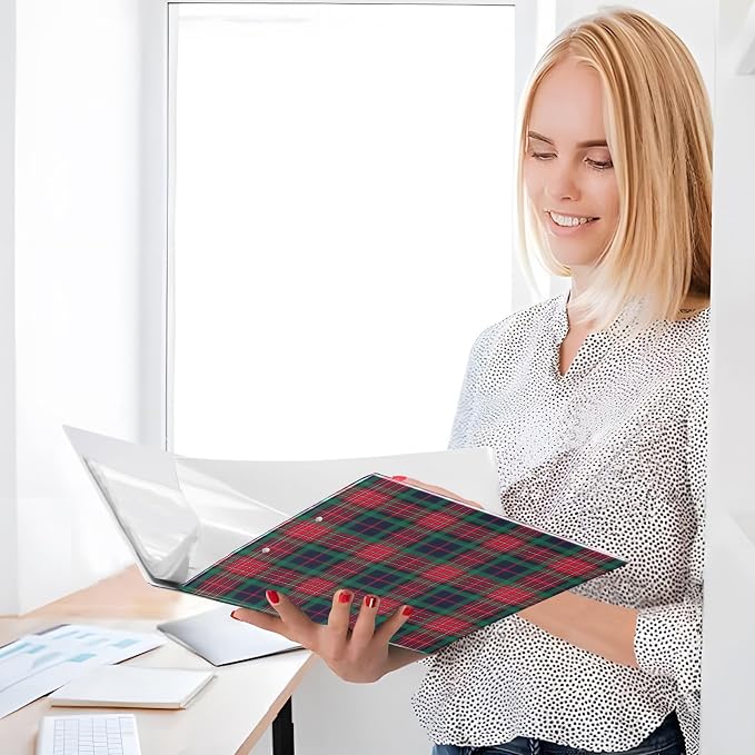 Red and Green Plaid 3 Ring Binder 1.5" Decorative D-Ring Binder with Clipboard&3 Clear Pockets, Holds 200 Sheets A4 Size Paper Waterproof Binders for School Home Office|2 Pack