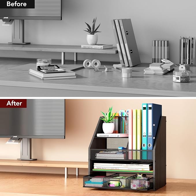 Wooden Desk Organizer - Mesh File Organizer with Drawers and Pen Holder - 4-Tier Vertical Paper Letter Storage Tray, Desktop Organizers and Accessories for Home Office (Black