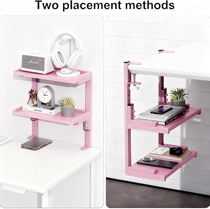 Spacrea Clamp on Desk Shelf, 2 Tier Office Desk Shelves Organizer, Wood Desktop Supplies Storage Rack, Desk Organizers and Accessories (Pink)