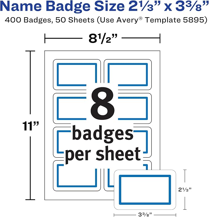 Avery Flexible Printable Name Tags, 2-1/3" x 3-3/8", White with Blue Border, 400 Removable Name Badges (05895)
