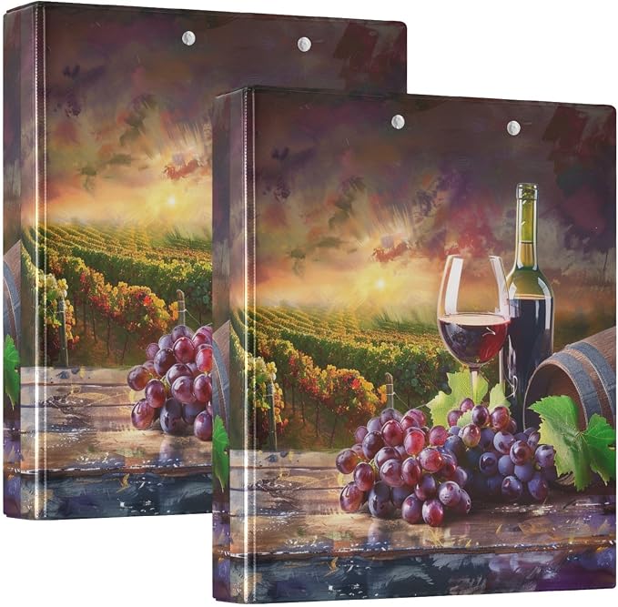 3 Ring Binder Wine Grass Grapes Wine Barrel 1.5" Round Ring Binders View Binder with 200 Sheet for Women Men Office Kids School Supplies, 1 Pack