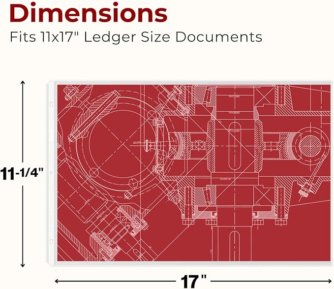 Dunwell 11x17 Sheet Protectors, Clear Archival Sleeves, 50 Pack | Ledger Size Plastic Sleeves, 3-Hole Punched, Fits 3-Ring Binders, Heavyweight Oversized Pages