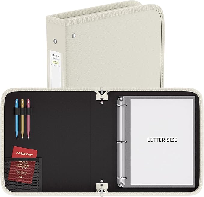 Fireproof 3 Ring Binder with Zipper, 1.5" D Rings Holds 375 Sheets | Fits Letter Size,Compatible with Clear Page Protectors,Built-in Net Pouch Pen Holder,Portable Safe Storage,1 Pack,White