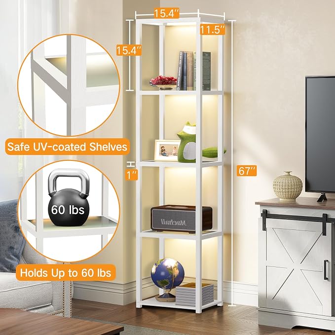 OUTON 67" Glass Display Shelf with Dimmable LED Floor Lamp, Collectibles Display Cabinet with Remote & App Control, 5 Tier Open Bookshelf Lamp for Living Room, Bedroom, Office, Home Decor, White
