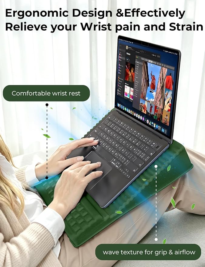Adjustable Lap Desk with Wrist Rest, Reversible Laptop Stand | Cooling Grip Surface, Fits up to 17'' Laptop, Portable Lap Desk with Pillow Cushion,Computer Tray for Home Office,Grass Green