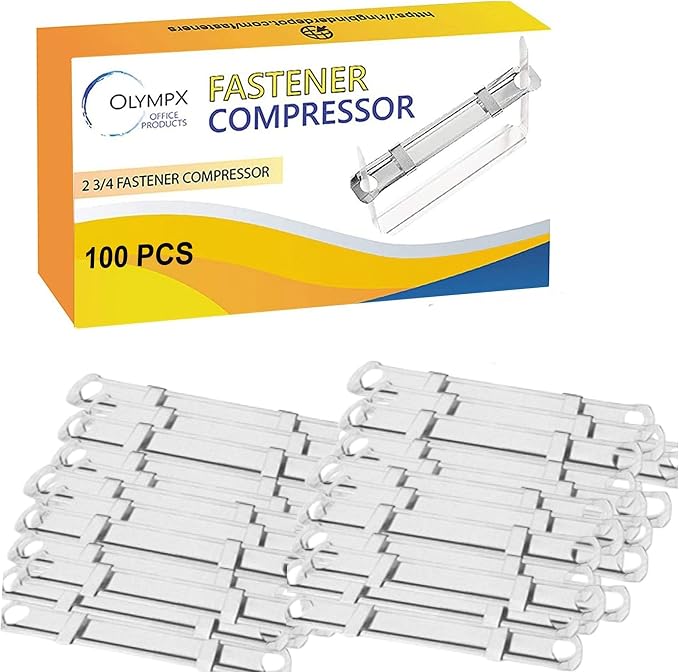 OLYMPX 100 Pcs of Prong Paper Fastener Compressors for Standard 2-Hole Punch, Works with 1 Inch - 3.5 Inch Capacity, 2.75 Inch Center for Paper Fastener Prong Bases, 100 per Box | Corrosion-Resistant Tempered Metal, 1-3.5 Inch Capacity, File Folder Pro...