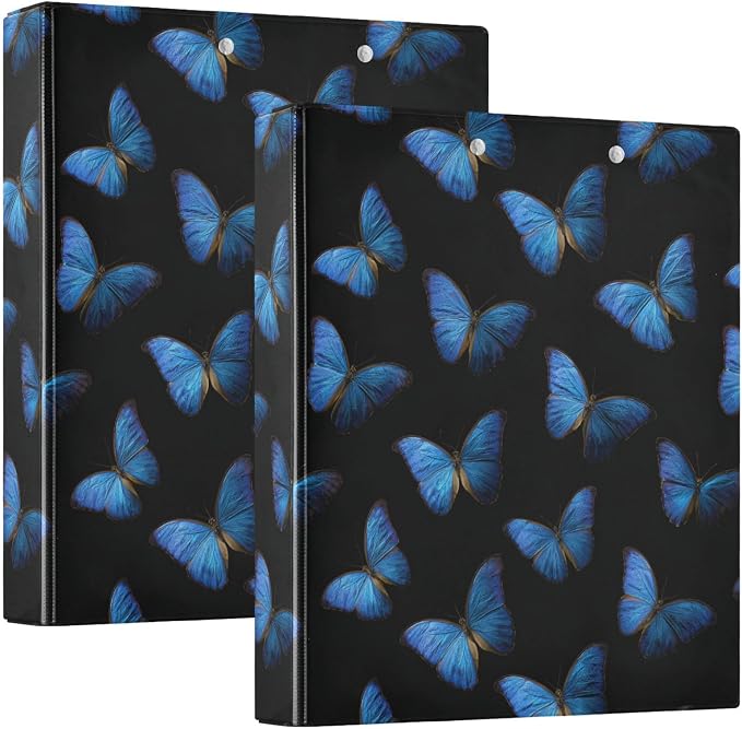 Black and Blue Butterflies Binder 3 Ring 1.5 Inch Binder with Clipboard&Pockets, Hardcover Binders Heavy Duty Large File Folder for Office School Supplies - Holds 200 Sheets, 2 PC